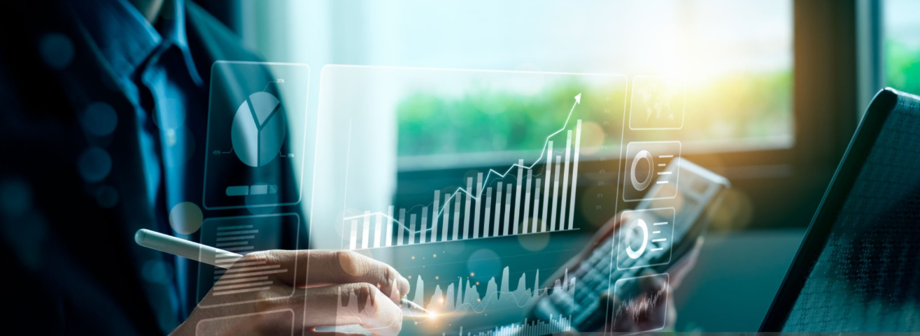 Interface numérique affichant des graphiques de croissance et des indicateurs de performance (KPI).